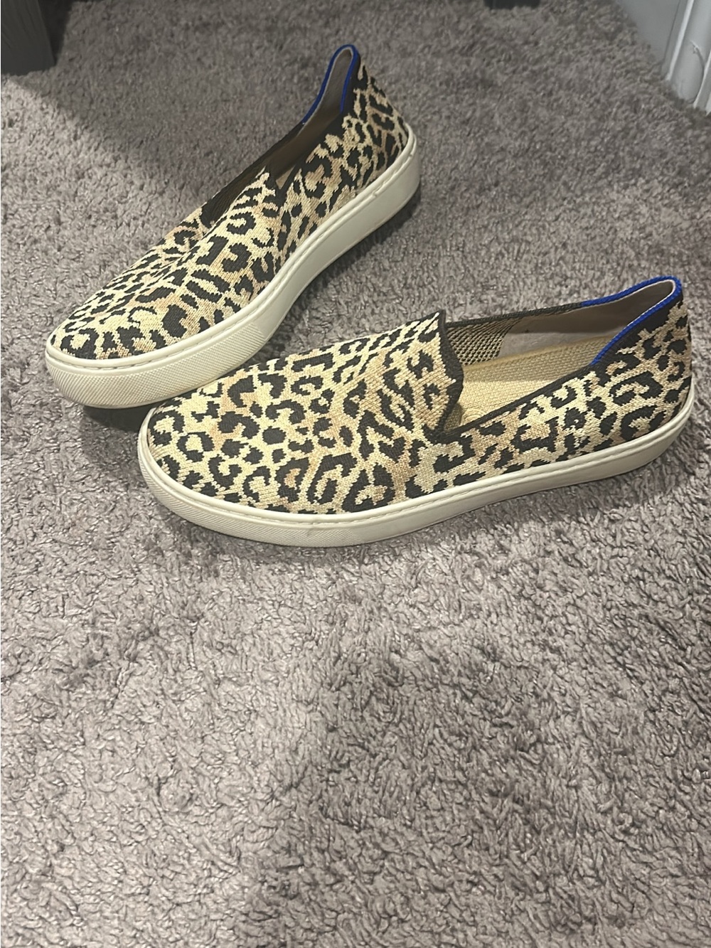 Rothy's Leopard Knit Slip-On Sneakers with Blue Trim